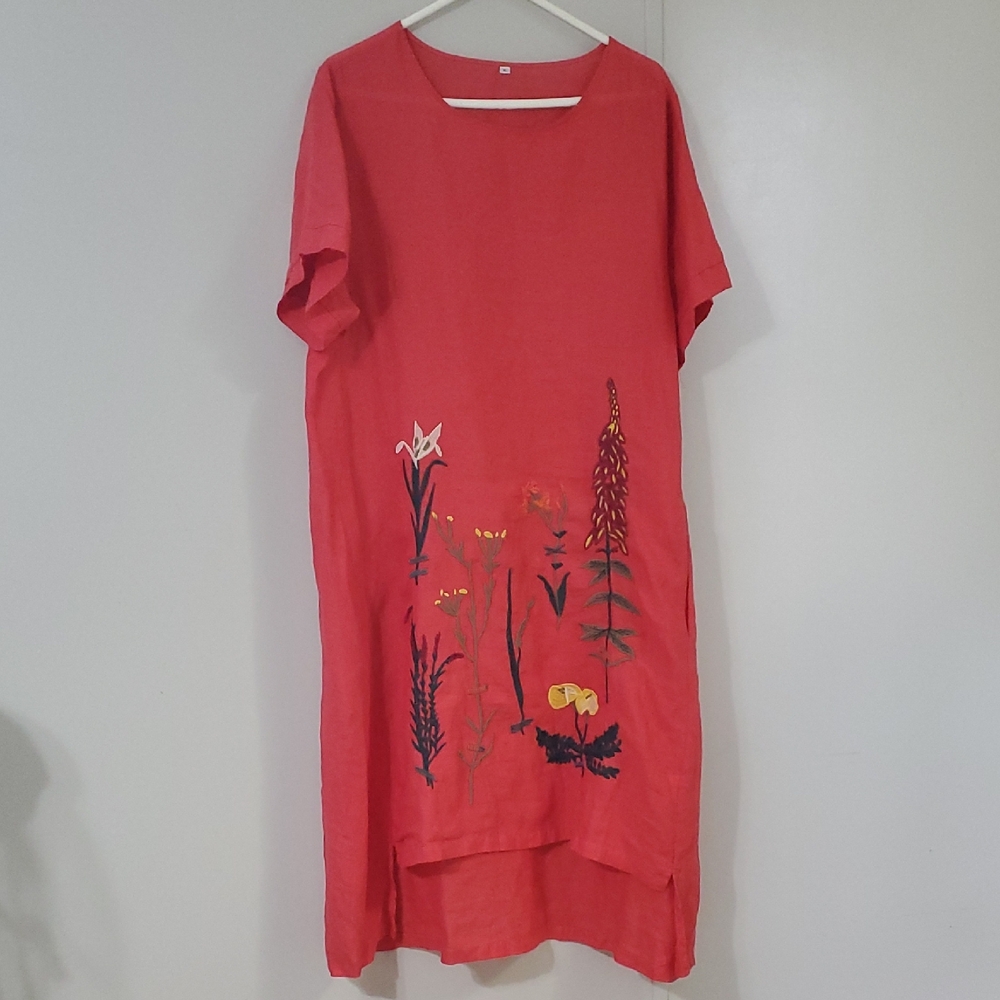 XL LINEN 55% COTTON 45% Elegant Red Floral Midi Dress